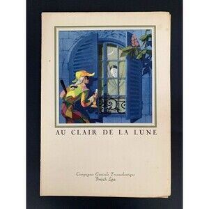 French Line TransAtlantique Dinner Menu & Sheet Music Au Clair de la Lune 1958
